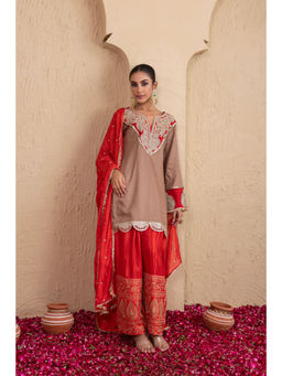 SEW - Women Red Gota Almond Farshi Kurti with Palazzo and Dupatta