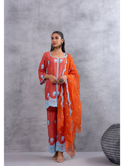 SEW - Women Rust Embroidered Kurti with Palazzo and Dupatta