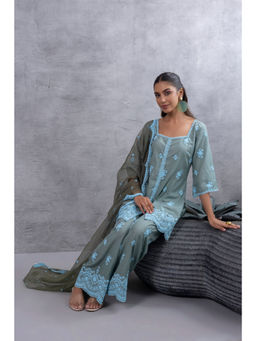 SEW - Women Green Embroidered Kurti with Palazzo and Dupatta