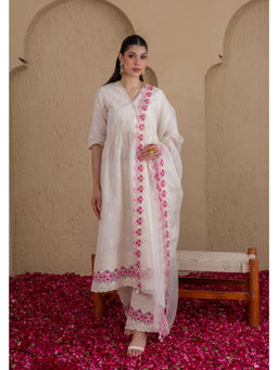 SEW - Women White Embroidered Angarkha Kurta with Pant and Dupatta