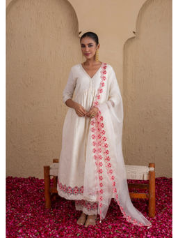 SEW - Women Cream Embroidered Kurta with Pant and Dupatta