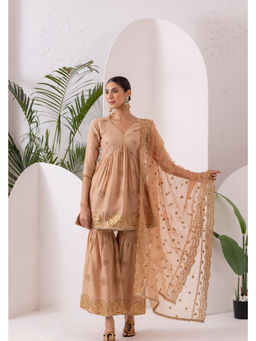 SEW - Women Gold Floral Printed Kurti with Sharara and Dupatta