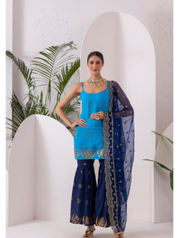 SEW - Women Blue Floral Printed Sleeveless Kurti with Sharara and Dupatta