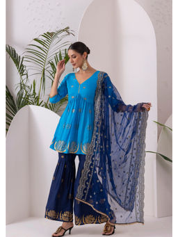 SEW - Women Blue Floral Printed Kurti with Sharara and Dupatta