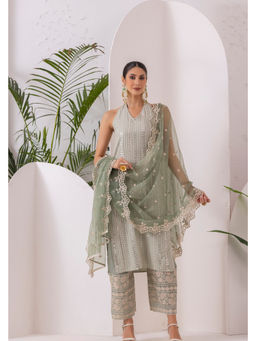 SEW - Women Mint Green Sequence Embroidered Kurta with Pant and Dupatta