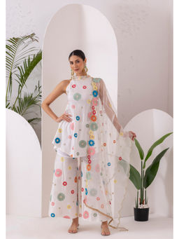 SEW - Women White Floral Embroidered Kurti with Palazzo and Dupatta