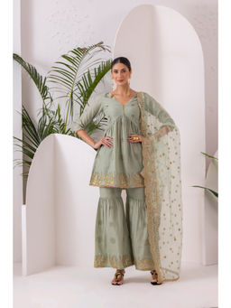 SEW - Women Mint Green Sequence Embroidered Kurti with Sharara and Dupatta