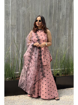 SEW - Women Mauve Polka Dot Embroidered Kurti with Palazzo and Dupatta