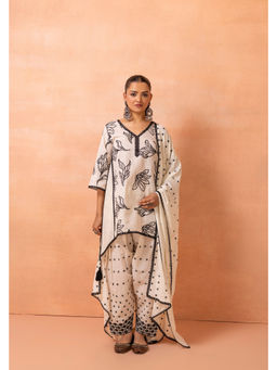SEW - Women Cream Embroidered Farshi Kurta with Pant and Dupatta