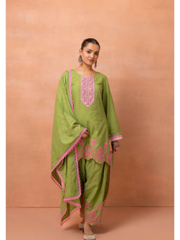 SEW - Women Green Embroidered Cotton Farshi Kurta with Salwar and Dupatta