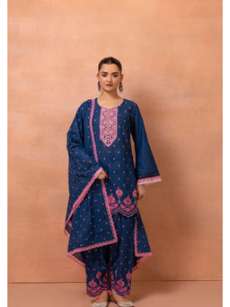 SEW - Women Navy Blue Embroidered Farshi Kurti with Palazzo and Dupatta