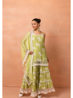 SEW - Women Princess Lace Lime Green Kurti with Sharara and Dupatta