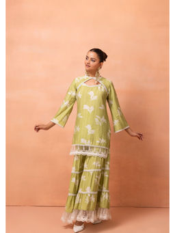 SEW - Women Princess Lace Lime Green Kurti with Sharara and Dupatta