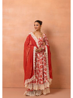 SEW - Women Red Printed Lace Anarkali and Palazzo with Dupatta