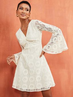 Styli - Beige Premium Lace Dress With Volume Sleeves