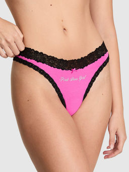 Victoria's Secret - Pink Cotton Lace-Trim High-Leg Thong Panty