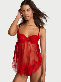 Victoria's Secret - Red Wicked Sheer Unlined Lace-Trim Babydoll with Panty