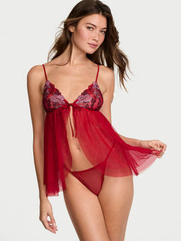 Victoria's Secret - Dream Angels Beautiful Bows Red Embroidery Tulle Babydoll with Panty