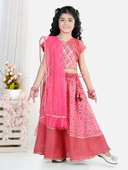 Kinder Kids - Pink Floral Skirt with Lehenga and Lace Work Top & Dupatta (Set of 3)