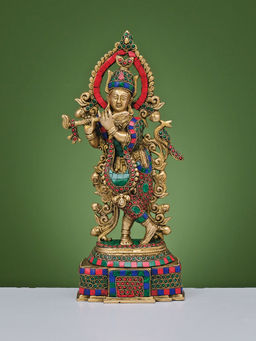 Ekaa Handicrafts - Lord Krishna Murti In Brass With Stonework For Mandir