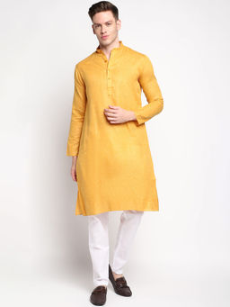 Devoiler - Men Self Design Mustard Cotton Kurta