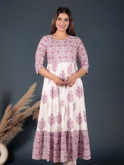 ARAMYA - White Soft Cotton Floral Anarkali Kurta for Women