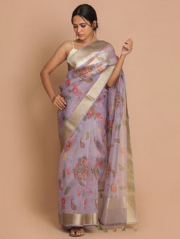Indethnic - Banarasi Lavendar Printed Party Wear Saree With Unstitched Blouse