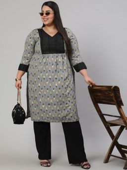 Jaipur Kurti - Grey Self Weaved Ikat Straight Kurta