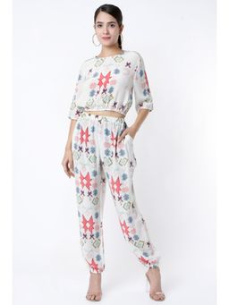 PS Pret by Payal Singhal - White Ikat Star Small Print Crepe Top with Jogger Pants (Set of 2)