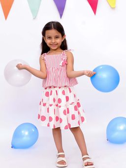 BownBee - Pink Summer Pure Cotton Printed Tie-Up Top with Skirt (Set of 2)