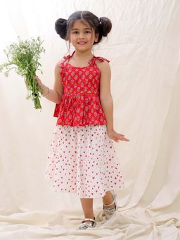 BownBee - Red Summer Pure Cotton Printed Tie-Up Top with Skirt (Set of 2)
