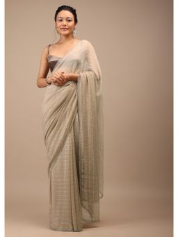 KALKI FASHION - Beige Sequined Nomad Georgette Saree Cut Dana Work with Unstitched Blouse