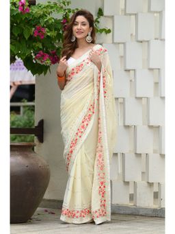 Beatitude - Yellow Sequined and Embroidered Saree with Unstitched Blouse