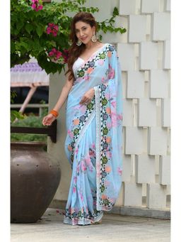 Beatitude - Blue Embroidered Saree with Unstitched Blouse