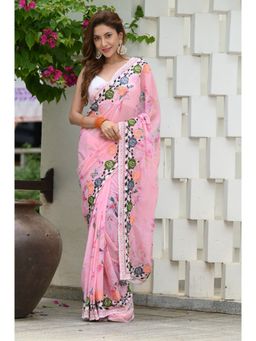 Beatitude - Pink Embroidered Saree with Unstitched Blouse