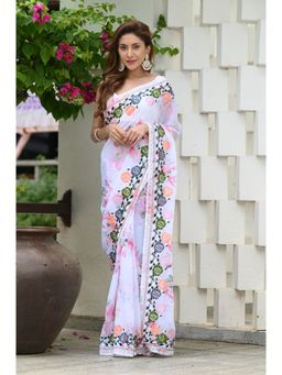Beatitude - White Embroidered Saree with Unstitched Blouse