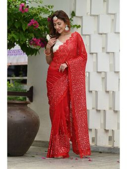 Beatitude - Red Embroidered Saree with Unstitched Blouse