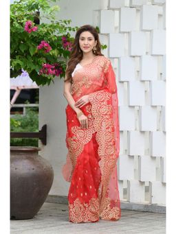 Beatitude - Red Cut Work Saree with Unstitched Blouse