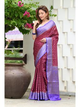 Beatitude - Maroon Banarasi Saree with Unstitched Blouse