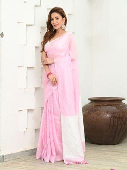 Beatitude - Pink Handwoven Linen Saree with Unstitched Blouse
