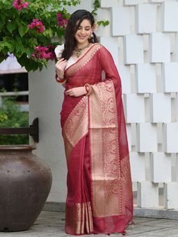 Beatitude - Red Silk Linen Saree with Unstitched Blouse