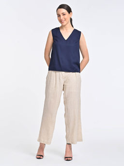 Saltpetre - Women Solid Navy Blue V-Neck Top With Beige Pant (Set of 2)