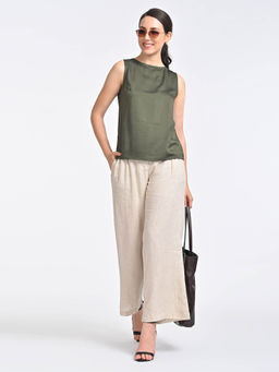 Saltpetre - Women Solid Olive Shell Top With Beige Pant (Set of 2)