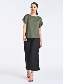 Saltpetre - Women Solid Olive Boat Neck Top With Black Pant (Set of 2)