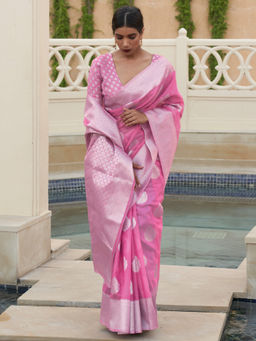 Akhilam - Women'S Pure Linen Pink Woven Design Woven Saree With Blouse Piece with Unstitched