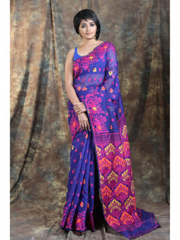 Arhi - Purple Blue Allover Weaving Jamdani Floral Pallu Saree Without Blouse