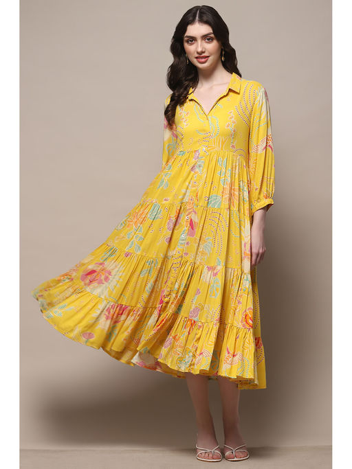 Buy Biba Yellow Rayon Tiered Midi Dress Online