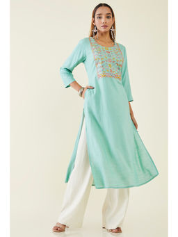 Soch - Women Green Rayon Embroidered Kurta