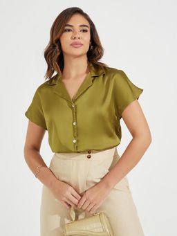 Styli Elevate - Women Olive Regular Fit Solid Buttoned Shirt with Cap Sleeve
