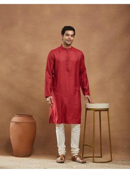 Fabindia - Red Viscose Silk Slim Fit Long Kurta